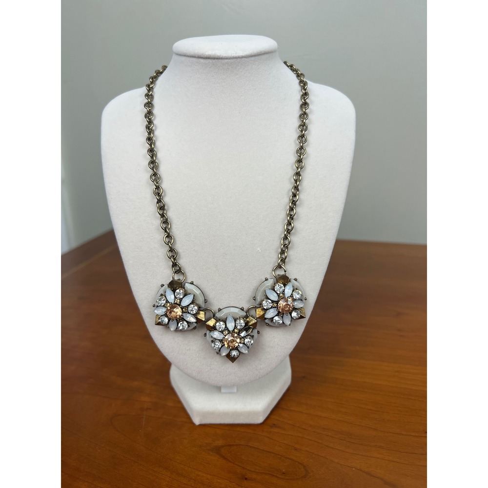 Loft Brass Tone Triple Floral Crystal Statement Necklace White Peach Rhinestone